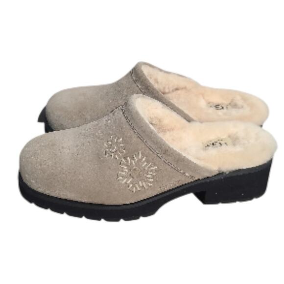 UGG Sovang Suede Sheepskin Mule Clogs Size 10 Tan Floral 2" Heel - Picture 2 of 7